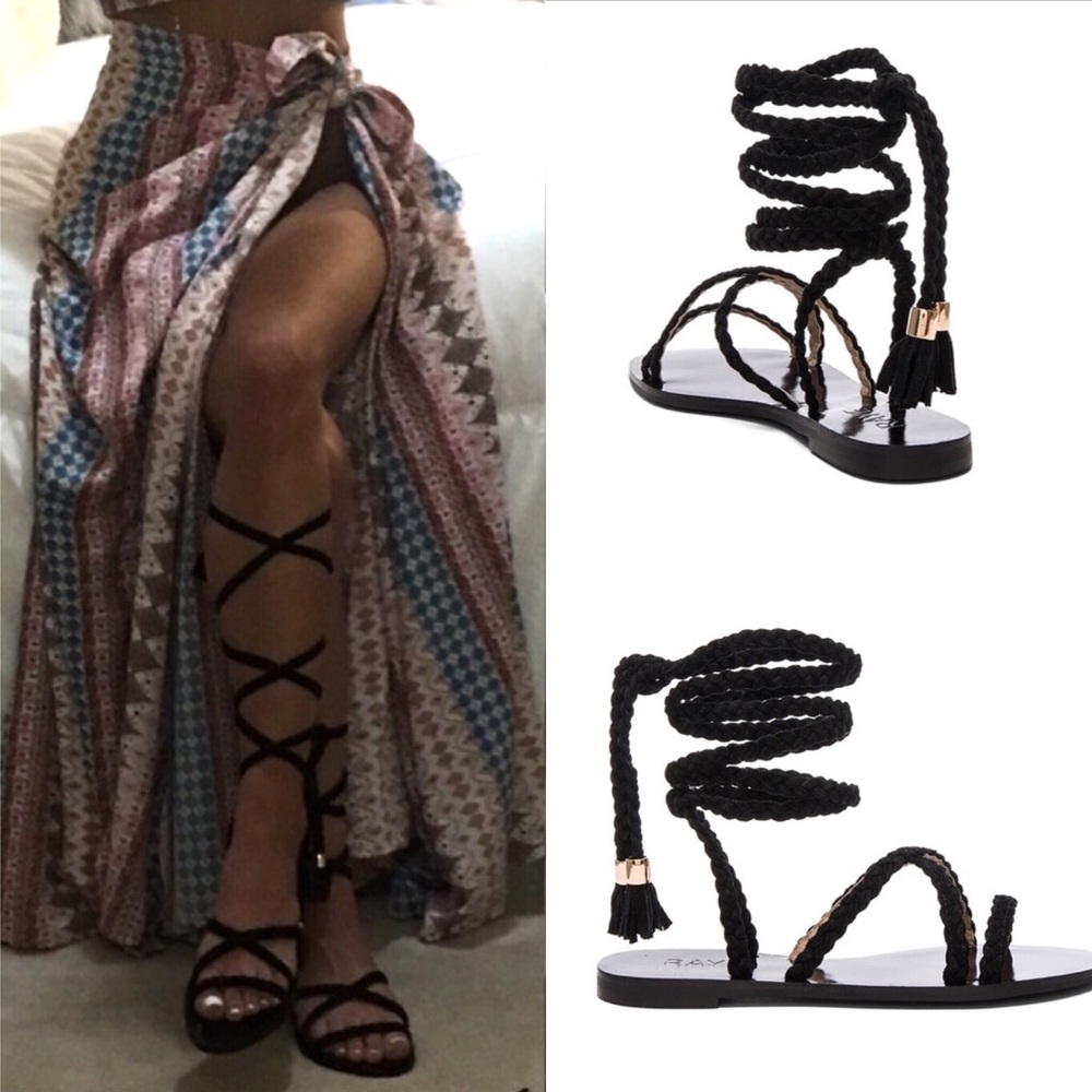 RAYE revolve gladiator braided wrap tie black sandal 6 36